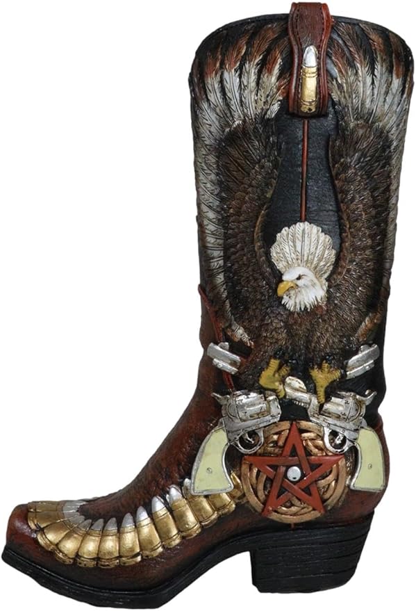 Ebros Gift Rustic Country Western Wild West Bald Eagle with Open Wings Clutching Crossed Revolver Guns and Pentagram Star Faux Tooled Leather Cowboy Boot Decorative Flower Vase Or Planter Figurine