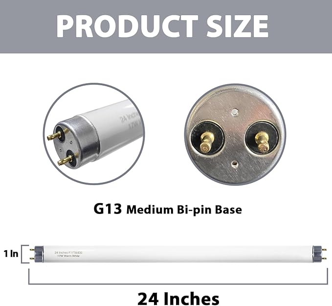24 inch F17T8/830 17 Watts Light Bulb Warm White, 2 Foot Straight Fluorescent Tube T8 Tube Light F17T8/WW, 1500 Lumen G13 Medium Bi-Pin Cap 8 Pack