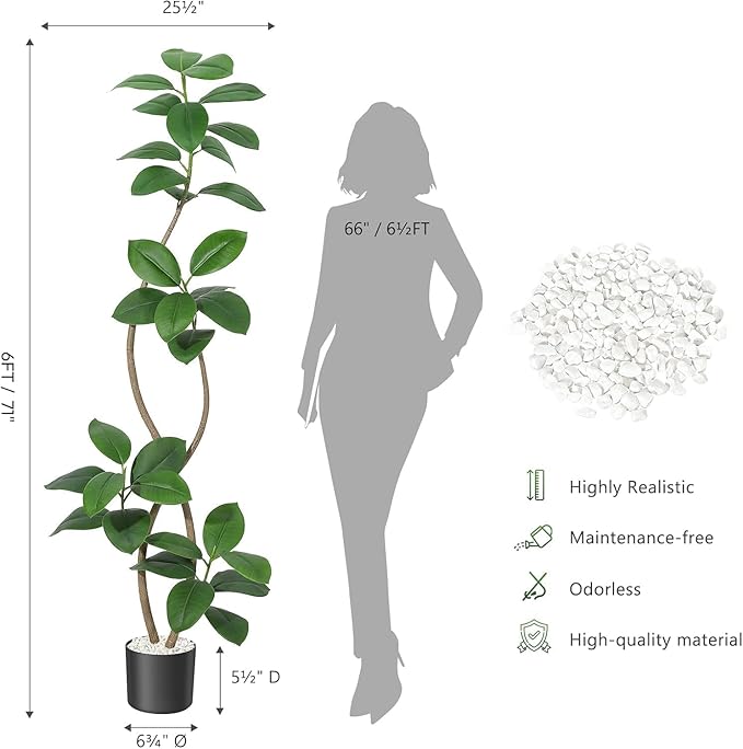 Artificial Rubber Tree for Home Décor – Tall Faux Fiddle Leaf Fig with Real Touch Leaves – Black or White Planter & White Stones – Lifelike Exotic Indoor Floor Plant – 6FT