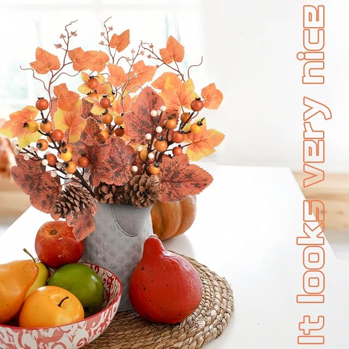 Fall Floral Picks 4PCS, Maple Leaf Pinecone Berries Branch Artificial Autumn Picks and Sprays for Farmhouse Autumn Vase Halloween Thanksgiving Decor