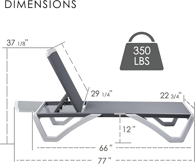 Kozyard Outdoor Chaise Lounge Chair, Full Flat Adjustable Patio Lounger with Aluminum Frame & Resin Legs, Textilene Fabric for Poolside, Backyard & Beach (Gray)