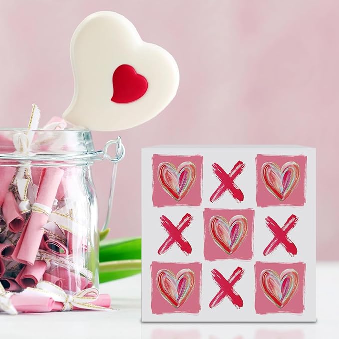 Valentines Day Decorations, Valentines Day Gifts for Her Him, Gift for Boyfriend Girlfriend, Vintage Glitter Pink Checked Xoxo Heart Anniversary Wooden Box Sign Wife Home Office Bedroom Desk Decor