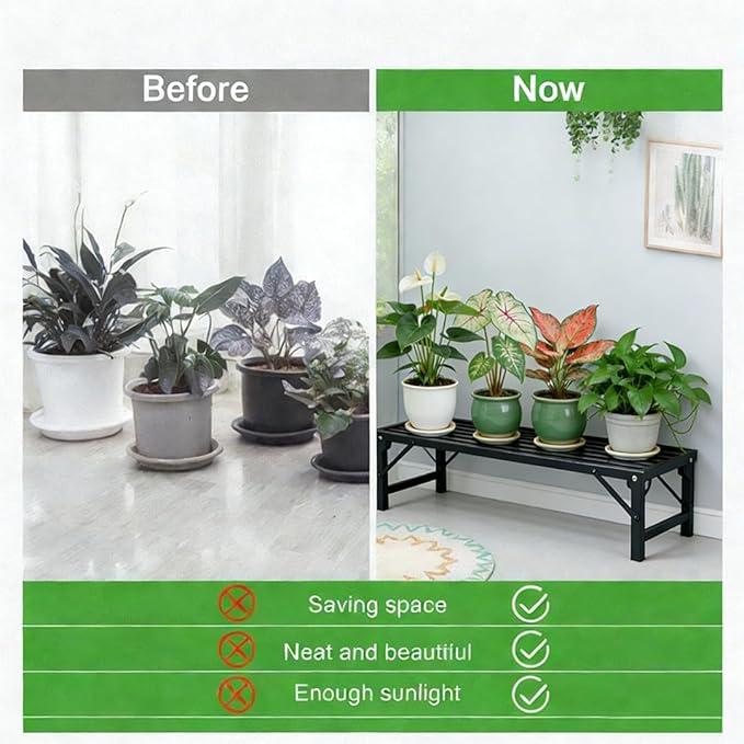 Single Tier Metal Plant Stand, Long Narrow Foldable Plant Stand for Indoor Outdoor, Heavy Duty Waterproof Plant Holder for Living Room Balcony Garden Window Patio，Plant Lovers, Display Stand （L33" x H7.8" x W9.7")