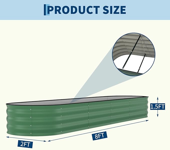 2 Pack Galvanized Raised Garden Beds - 8x2x1.5ft Planter Box for Vegetables, Flowers, Rust-Resistant Garden Box, Easy Assembly Raised Beds, Durable Planters for Outdoor Plants, Green