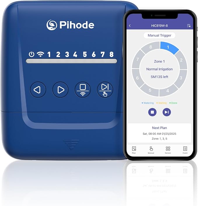 8 Zone Smart Sprinkler Controller with Local Weather Intelligence and Atmosphere Lights, Automated Watering and App Control WiFi Irrigation System, Save Water Through Rain Skip