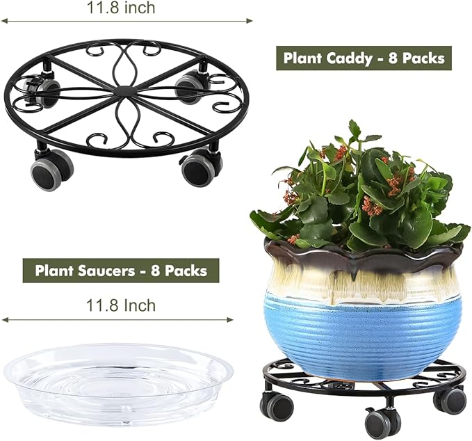 8 Pack Plant Caddy with Wheels Heavy Duty 11.8 Inches Metal Plant Stand with Wheels Plant Dolly Rolling Plant Stand Plant Roller with Casters for Indoor and Outdoor (8, Black)