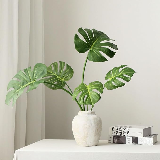 5pcs Artificial Monstera Leaves with Long Stem for Vase - Fake Tropical Plants Palm Leaves Realistic Turtle Leaves for Birthday Party Wedding Room Decor