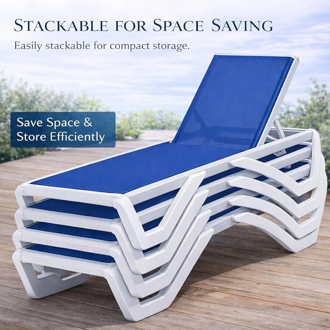 Kozyard Outdoor Chaise Lounge Chair, Full Flat Adjustable Patio Lounger with Aluminum Frame & Resin Legs, Textilene Fabric for Poolside, Backyard & Beach (Blue, Chair with Table)