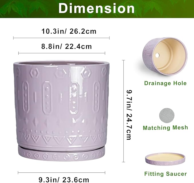 10 Inch Planter, Ceramic Plant Pots for Indoor Outdoor, Round Pot for Plants with Drainage Hole and Sacuer, Boho Plant Pot, Decorative Flower Pots, Living Room Decor, Purple