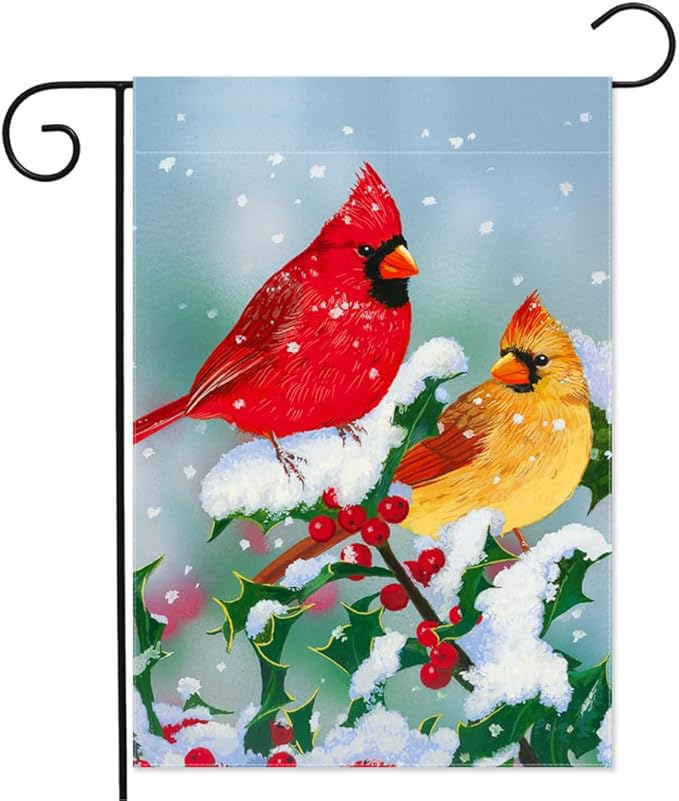 Winter Cardinal Garden Flag 12.5 x 18 Inch Double Sided Home Decor, Berry Snowflake House Outside Outdoor Cardinal Burlap Yard Flag Decoration