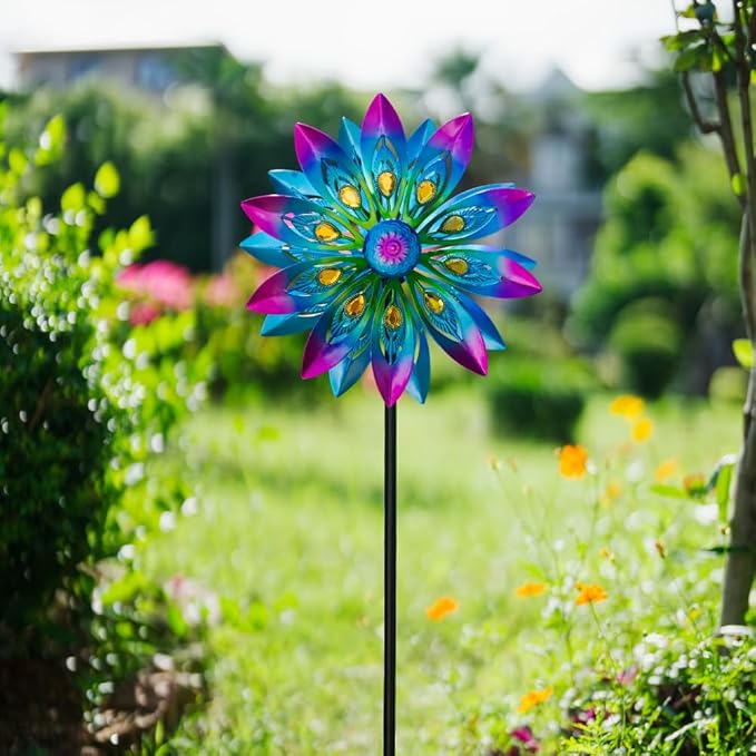 VEWOSTAR Metal Wind Spinner,13” Wind Spinners Outdoor,Peacock Windmill with Stake,Kinetic Wind Spinners for Yard and Garden,Multi-Color Pinwheels Yard Wind Sculptures,Waterproof Spinner for Patio Lawn