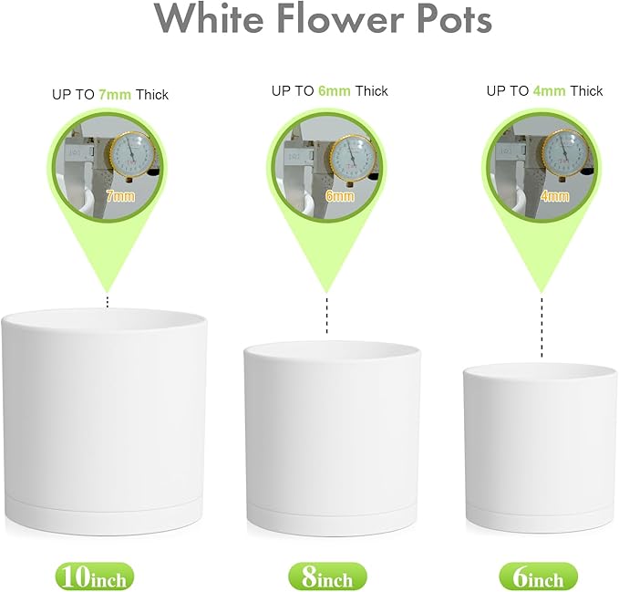 Meowell 10/8/6 inch Deep Flower Pots, 3 Pack Cylinder Tall Plant Pots for Outdoor Indoor Plants, Large Decorative Plastic Planters with Drainage Holes and Saucers for Garden House Plants, White