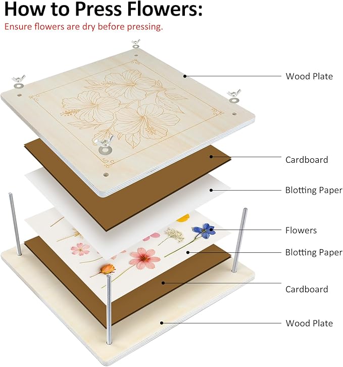 MeRGBWLife Flower Press Kit 11"x11" - Large Wooden 10-Layer Flower & Plant Press for Crafts, DIY Art, Scrapbooking, Bookmark Making, Wedding Bouquet Preservation, Dried Flowers