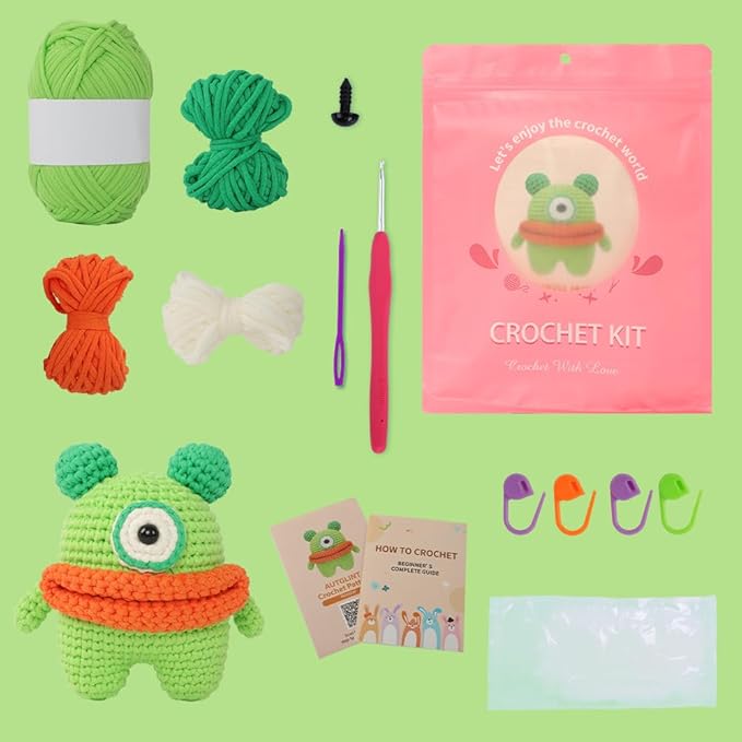 Autglint Monster Crochet Kit for Beginners - Whimsical Amigurumi Creature DIY Starter Set with Video Tutorials | Sensory Soft Yarn & 40% Extra Material | Emotional Support Worry Monster Gift
