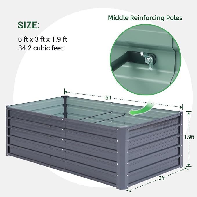 Ohuhu Metal Raised Garden Bed Outdoor 6x3x1.9 FT Reinforced Galvanized Rustproof Colored Steel Planter Boxes for Vegetables, Heavy Duty Raised Beds for Growing Flowers Herbs Succulents