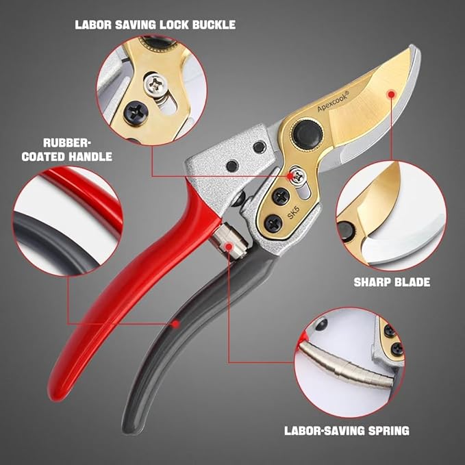 Professional gardening shears, made of SK5 stainless steel material, sturdy and durable, Dual color anti slip handle is easier to use ，and suitable for various tasks such as gardening pruning