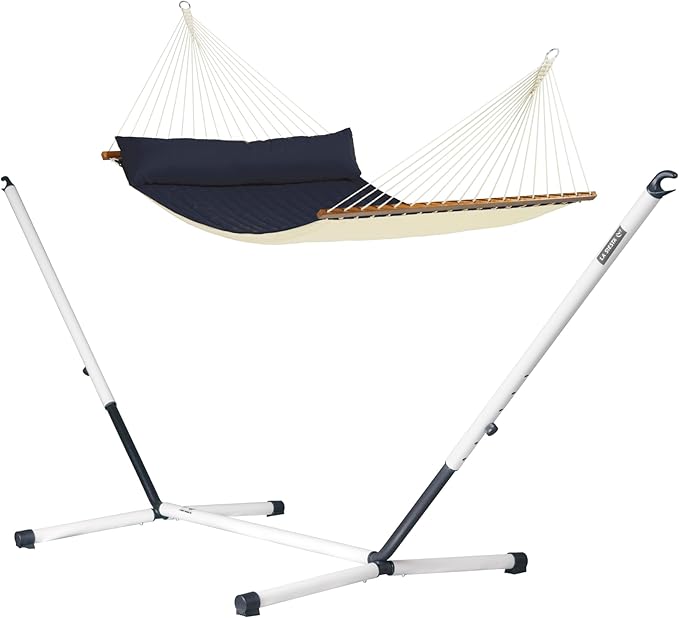 LA SIESTA® Alabama Quilted Hammock with Spreader Bar & Nautico Stand - Portable Weatherproof Large Outdoor Hammock with Stand, 2 Person Hammock with Stand for Outside Patio Porch - XL King, Navy Blue