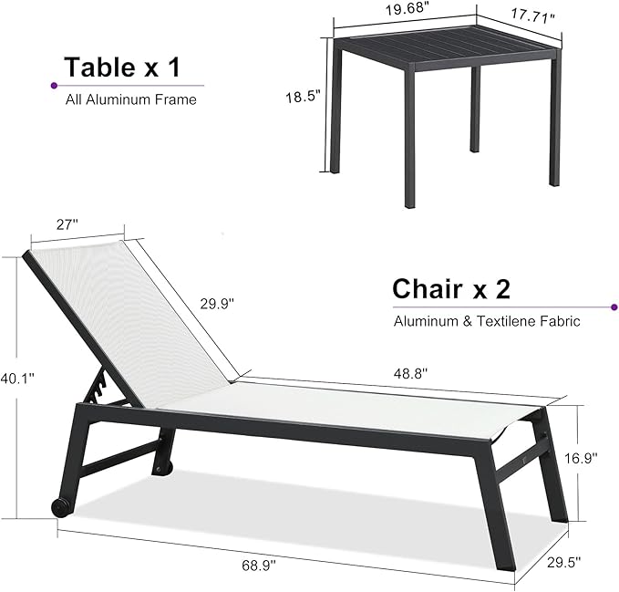 PURPLE LEAF Outdoor Chaise Lounge Set for 2 Oversized Pool Lounge Chairs with Easy-to-Move Wheels and Adjustable Backrest Extra Large Patio Loungers for Poolside Deck Beach Yard Table Included, Linen