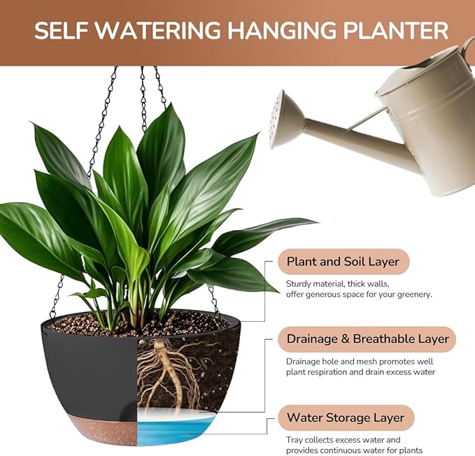 LESOASIS Set of 2-12 Inch Hanging Planter, Self-Watering Hanging Planters for Indoor Plants & Outdoor, Plant Hanger Indoor, Hanging Plant Pot with Drainage (Black)