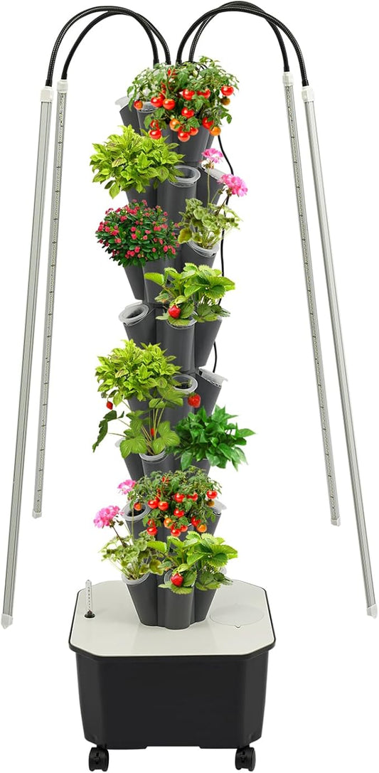 40 Plants Vertical Hydroponics Growing System Kit, Smart Tower Garden Hydroponic Herb Garden Planter Indoor Kit with Water Circulation & LED Full-Spectrum Supplementary Lighting (Gray)