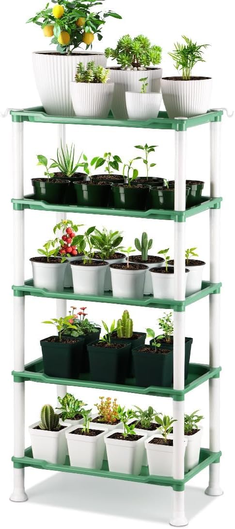 5-Tier Seedling Stand with 5 Trays, Designed for Seed Starter Tray and Small Pots for Plant Indoor Outdoor Growing (Green)
