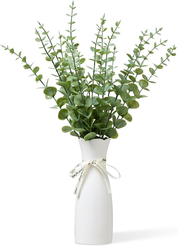 Grecezvk Faux Plants Indoor - Artificial Eucalyptus Stems in White Vase, Small Fake Greenery for Farmhouse Home Decor, Bathroom, Office, Classroom & Kitchen (Sage Green)