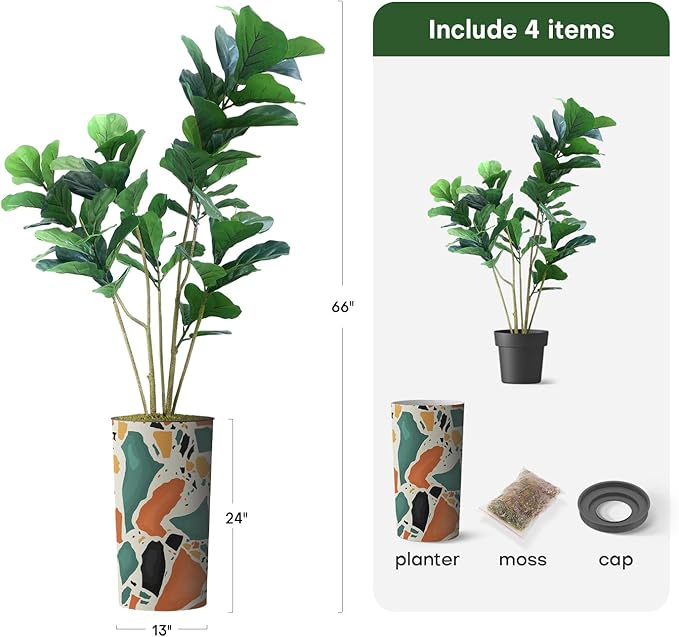 Artificial Tree in Modern Geometric Pattern Planter, Fake Ficus Lyrata Silk Tree for Indoor and Outdoor Home Decoration - 66" Overall Tall (Plant Pot Plus Tree)