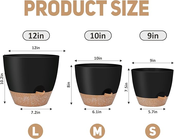 YNNICO 12" 10" 9" Large Self Watering Plant Pots, 3 Pack Flower Pots Planters with Multi Mesh Drainage Holes for Indoor Outdoor Garden Plants and Flowers (Black)