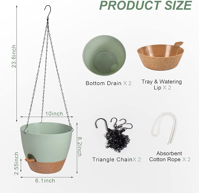 Vanslogreen Hanging Planters for Indoor Outdoor Plants, 2 Pack Self Watering Hanging Pot with Drainage Holes & Removable Tray (Green, 10'')