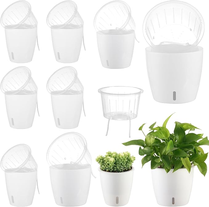 KvyusFlourish Self-Watering Pots for Indoor Plants, 8-Pack Self Watering Planter with Drainage Holes, Small African Violet Pots with Water Indicator, 5 Packs 5''/3 Pack 6.7'' Orchid Pot, White