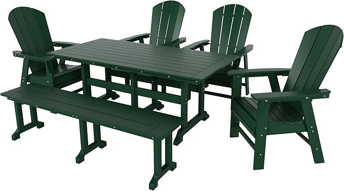 WestinTrends Malibu 6 Piece Adirondack Patio Dining Set with Bench, All Weather Poly Lumber Outdoor Table and Chairs, 71" Trestle Dining Table, 4 Adirondack Chair with Dining Bench, Dark Green