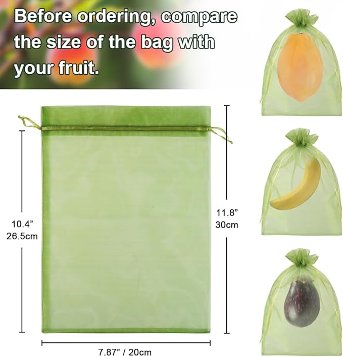 Shintop 100Pcs Fruit Protection Bags, 8x12 Inch Green Grape Netting Cover Drawstring Mesh Bags Pest Barrier for Fruit Trees Flower