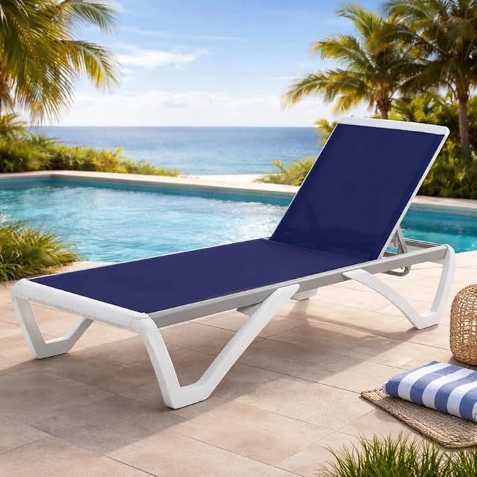 Kozyard Outdoor Chaise Lounge Chair, Full Flat Adjustable Patio Lounger with Aluminum Frame & Resin Legs, Textilene Fabric for Poolside, Backyard & Beach (NavyBlue)
