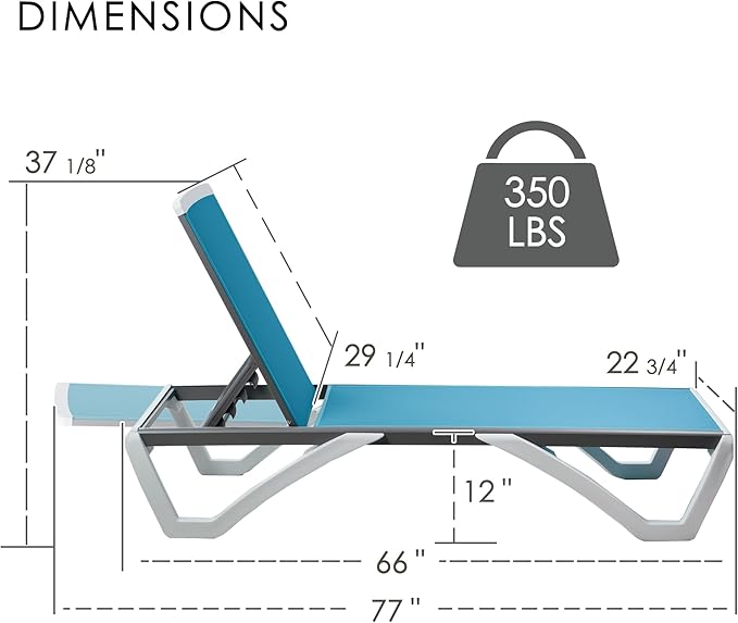 Kozyard Outdoor Chaise Lounge Chair, Full Flat Adjustable Patio Lounger with Aluminum Frame & Resin Legs, Textilene Fabric for Poolside, Backyard & Beach (Aqua/WhiteFrame, Chair)