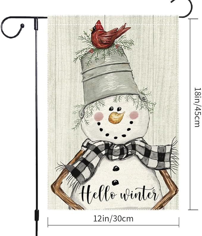 Snowman Cardinal Hello Winter Garden Flag 12x18 Inch Double Sided, Winter Holiday Yard Outdoor Flag