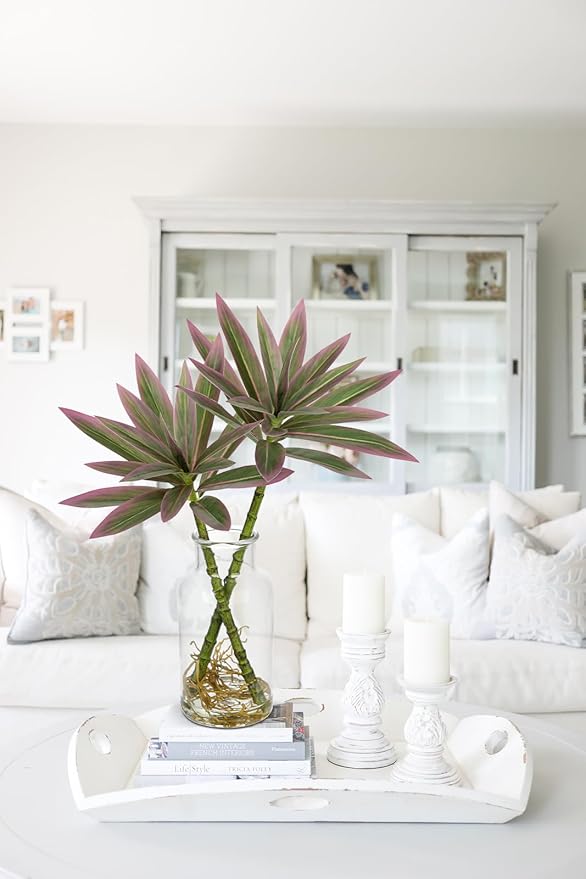 Artificial Pink Plants Stems in Glass Vase with Faux Water,Fake Silk Plant Dracaena Leaves for Centerpiece Table Decorations Farmhouse Wedding Home Greenery Decor