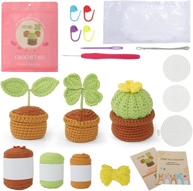 Autglint Potted Plant Crochet Kit for Beginners - DIY Succulent Garden Amigurumi Set for Home Office Decor | Step-by-Step Video Tutorials & Non-Split Yarn | Everlasting Greenery Craft Gift