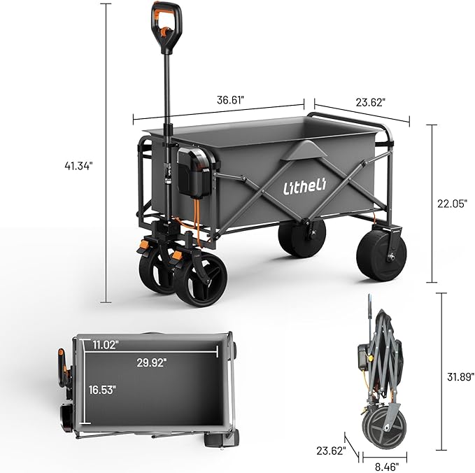 LiTHELi Electric Folding Utility Wagon Cart – All-Terrain Portable Powered Wagon with Dual Motors, Removable Battery & Large Cargo Space for Beach, Camping, Shopping & Outdoor Hauling