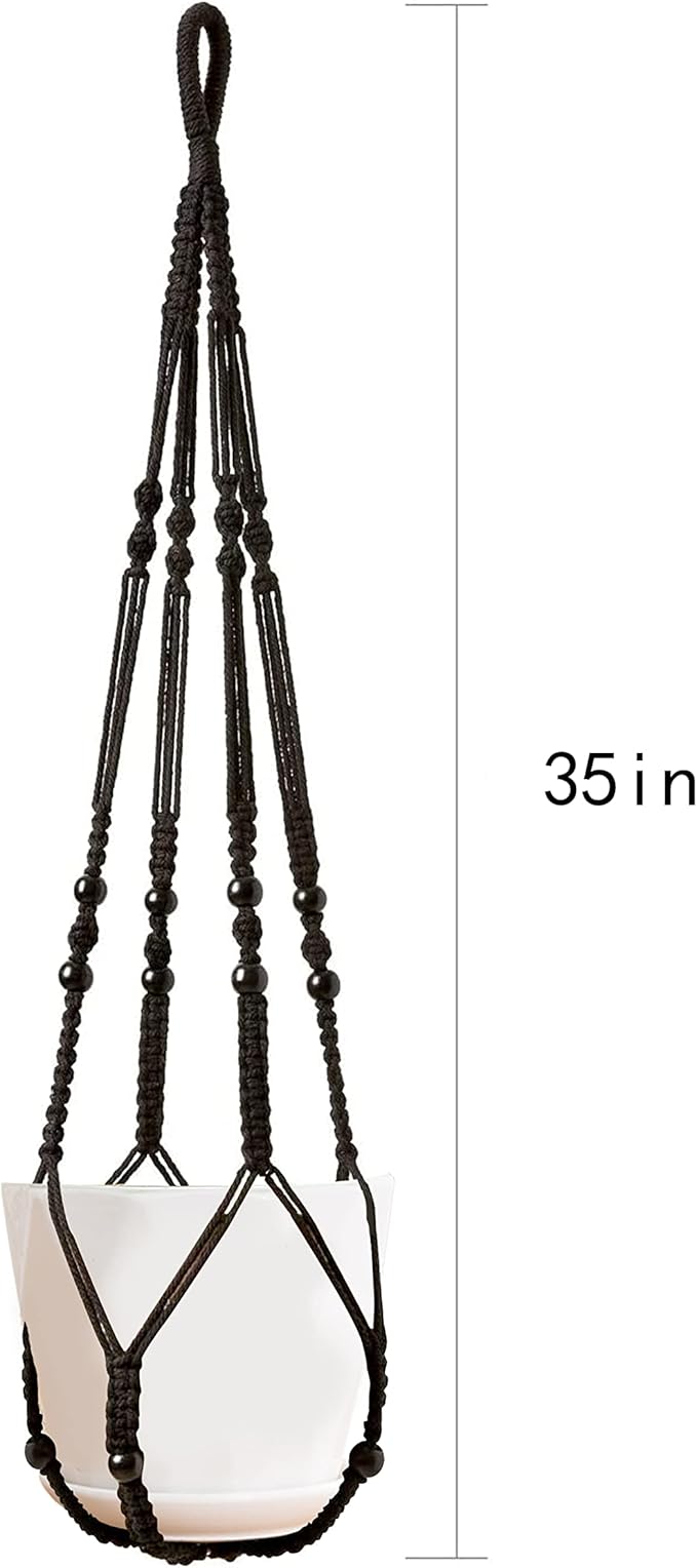 BlueMake Macrame Plant Hanger Indoor Hanging with Wood Beads Macrame Planters No Tassel for Indoor Outdoor Boho Home Decor 35 Inch (Black,1pc)