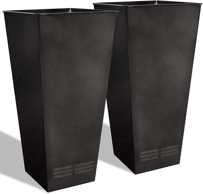 Worth 2 Pack 28" Tall Large Metal Planter, Tapered Steel Flower Pots with Insert Plate with Drain Holes & Air Vents for Indoor or Outdoor Use, Black