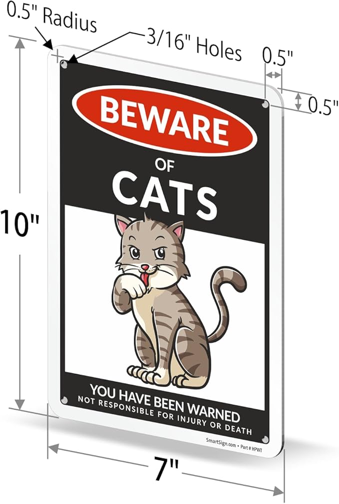 SmartSign Funny Beware Of Cats Warning Sign - 10"x7", 40 mil Laminated Rust-free Aluminum - Metal Signs for Entrances, Outdoors, Patio, Gifts, Cafe - Cats Theme, Made in USA