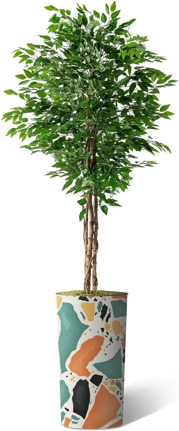 Artificial Tree in Modern Geometric Pattern Planter, Fake Ficus Silk Tree for Indoor and Outdoor Home Decoration - 75" Overall Tall (Plant Pot Plus Tree)