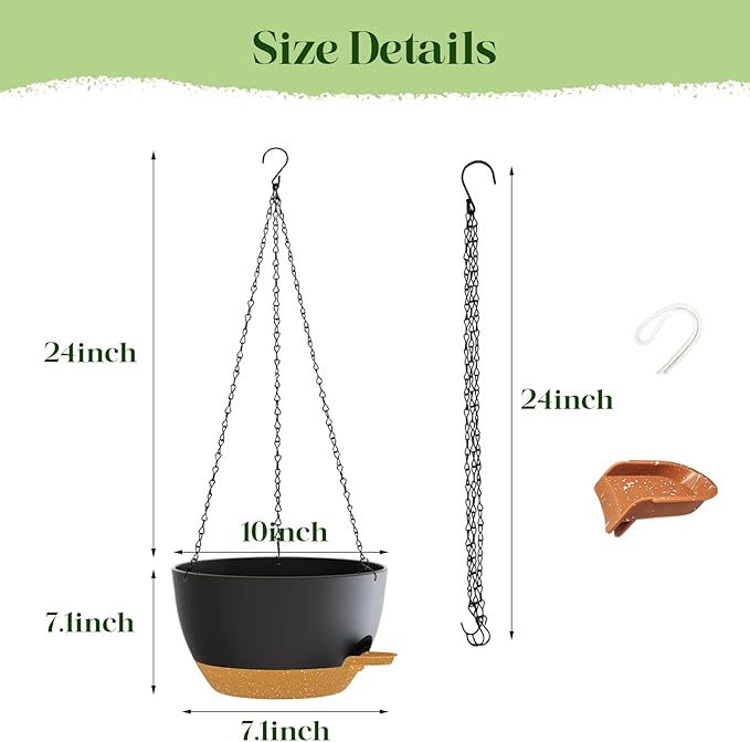 zople 10 Inch Hanging Planters with Chains 2 Pack Self Watering Black Brown Plastic Hanging Pots for Indoor Outdoor Plants, Garden Porch Home Decor (Black Brown)