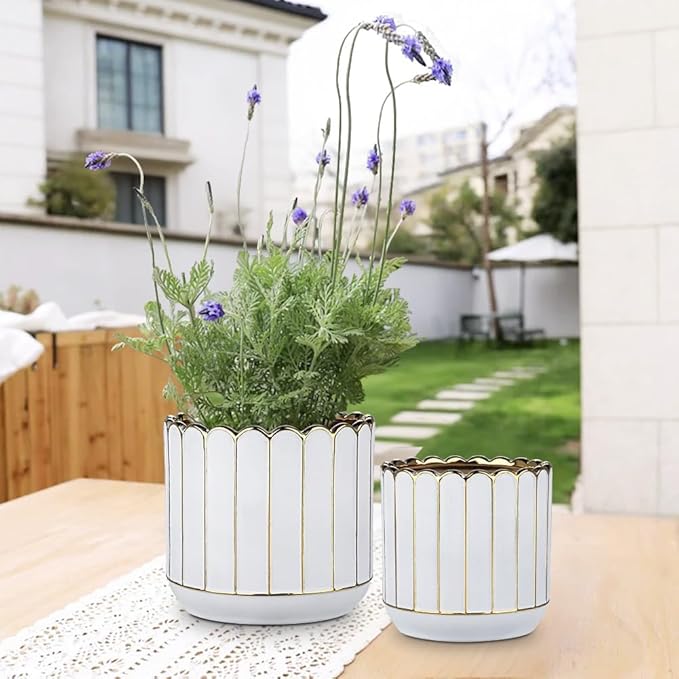 Ceramic Plants Pot 6.2+5.3 Inch Petal-Shaped Rim Pots Set of 2 for for Indoor Outdoor Succulent Plants or Flowers Gold and White