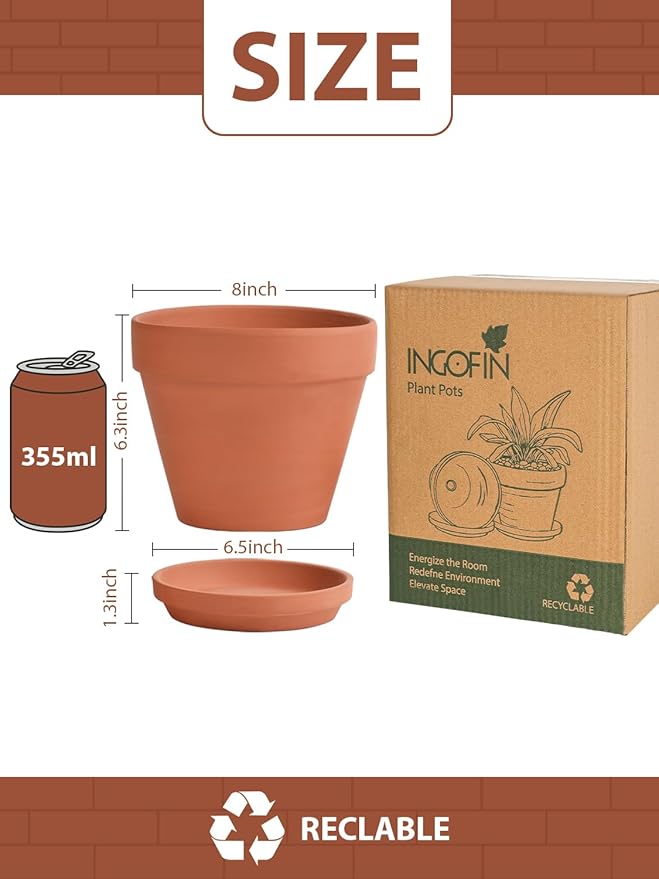 INGOFIN Terracotta Pots Set with Saucer - 2-Pack Ceramic Clay Planters with Drainage Hole, Garden Flower Succulent Pots with Tray for Indoor Outdoor Plants, 8 inch, Set of 2