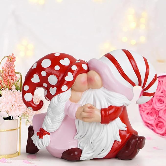 Hodao Valentine Gnome Couple Figurine - Hand-Painted Resin Kissing Gnomes with Heart Polka-Dot and Candy-Cane Hats - Romantic Decor and Gift for Anniversary or Wedding, Tiered Tray, Mantel, Tabletop