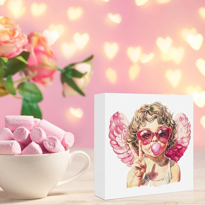 Valentines Day Decorations, Valentines Day Gifts for Her Him, Gift for Boyfriend Girlfriend, Pink Rustic Cupid Blowing Bubble Anniversary Wooden Box Sign Husband Wife Home Office Bedroom Desk Decor