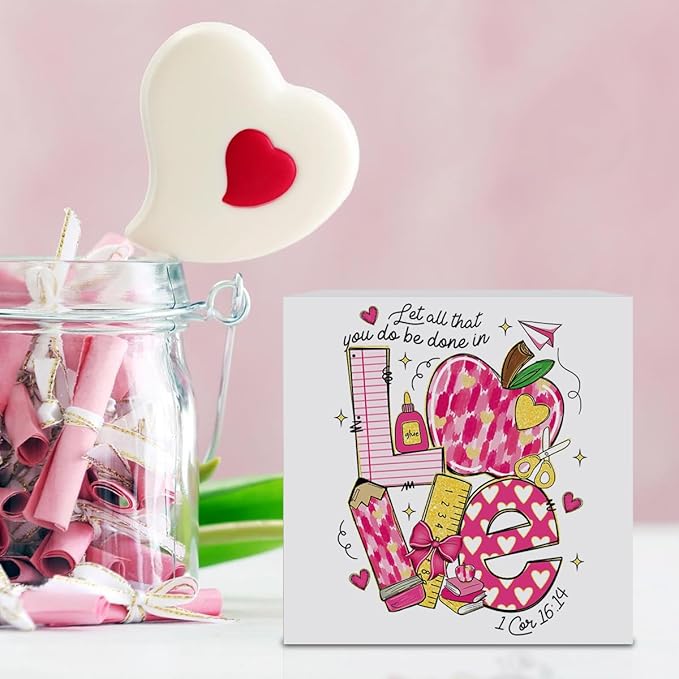 Teacher Valentine Decor Gift, Vintage Valentines Day Gifts for Teachers, Teacher Appreciation Gifts, Birthday Retirement Thank You Gift, Pink Love Pencil Wooden Box Sign for Office Desk Decor