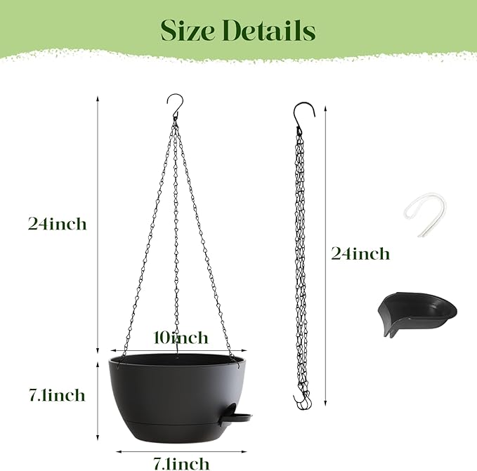 zople 10 Inch Hanging Planters with Chains 2 Pack Self Watering Black Plastic Hanging Pots for Indoor Outdoor Plants, Garden Porch Home Decor (Black)