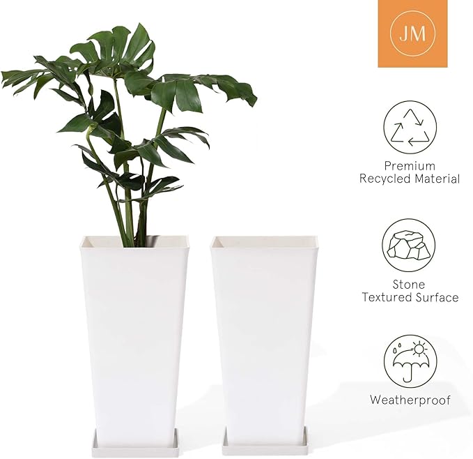 LA JOLIE MUSE 26 inch White Tall Planters for Outdoor & Indoor Plants, Set of 2 Rectangular Standing Planters with Drainage Holes and Tray